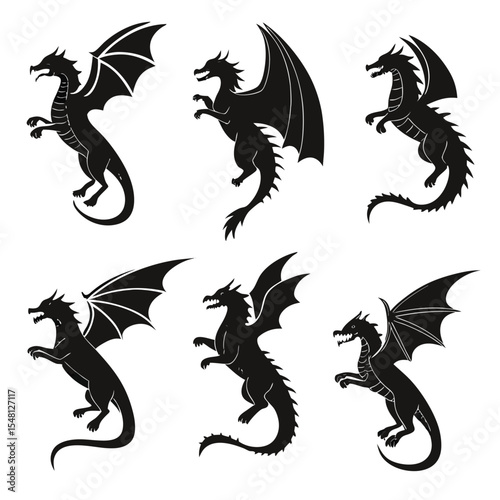 Six Black Dragons Silhouettes Winged Poses vector