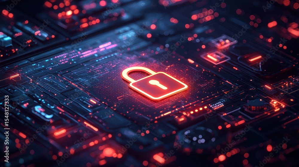 Fototapeta premium Circuit board with glowing padlock; security concept; technology background; illustration