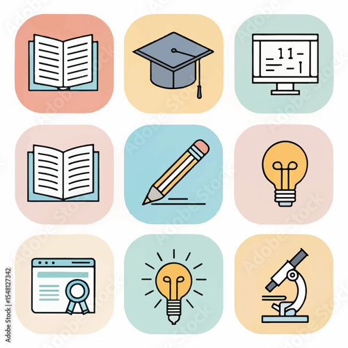 Minimal Study and Education Symbols – Books, Lightbulb, Microscope Icons

