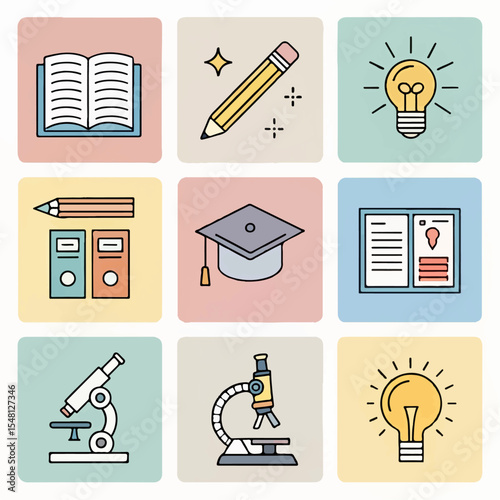 Online Learning and School Supplies Icon Pack – Clean Line Design