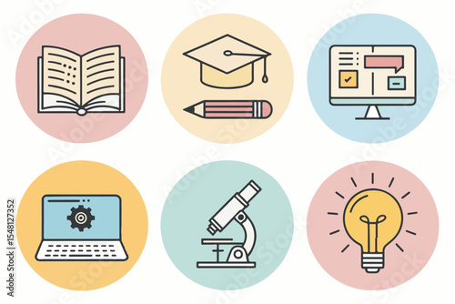 Simple Line Education Vector Icons – School Supplies & Knowledge Symbols