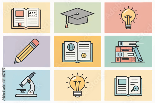 Pastel Color Education Icons – Pencil, Lightbulb & Academic Elements