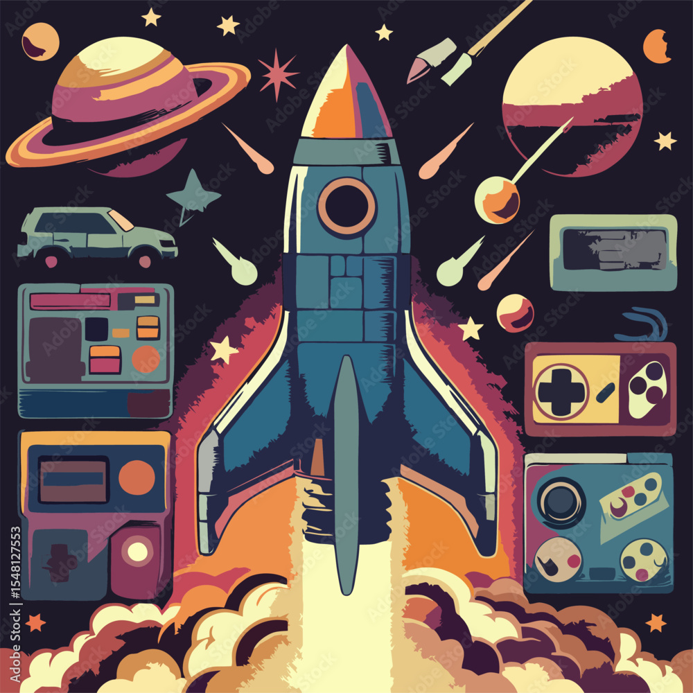 Obraz premium Pixel Art Rocket War Scene