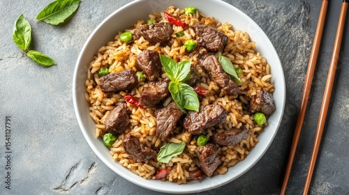 Minimalist presentation of beef fried rice in a white bowl on a gray stone background with chopsticks