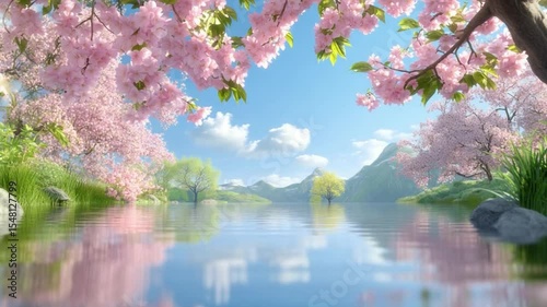 Dreamy Cherry Blossom Landscape: Cherry blossoms bloom on lakeside creating a picturesque landscape, evoking a sense of tranquility and the ephemeral beauty of spring.