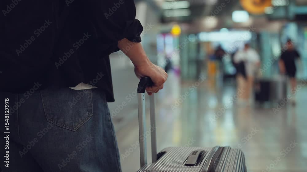 Rear view - Male traveler walking with luggage or suitcase at the modern airport terminal, man on way to flight boarding gate, Ready for travel or vacation journey