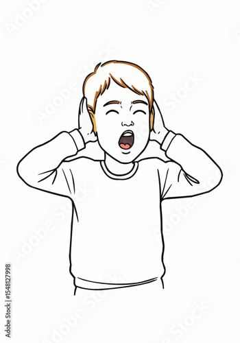 Young boy covering ears and yelling in frustration during noise  
