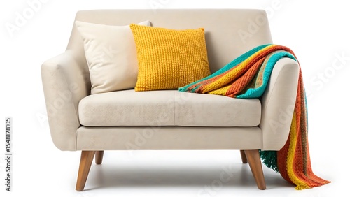 Beige loveseat with yellow and cream pillows, colorful striped throw blanket