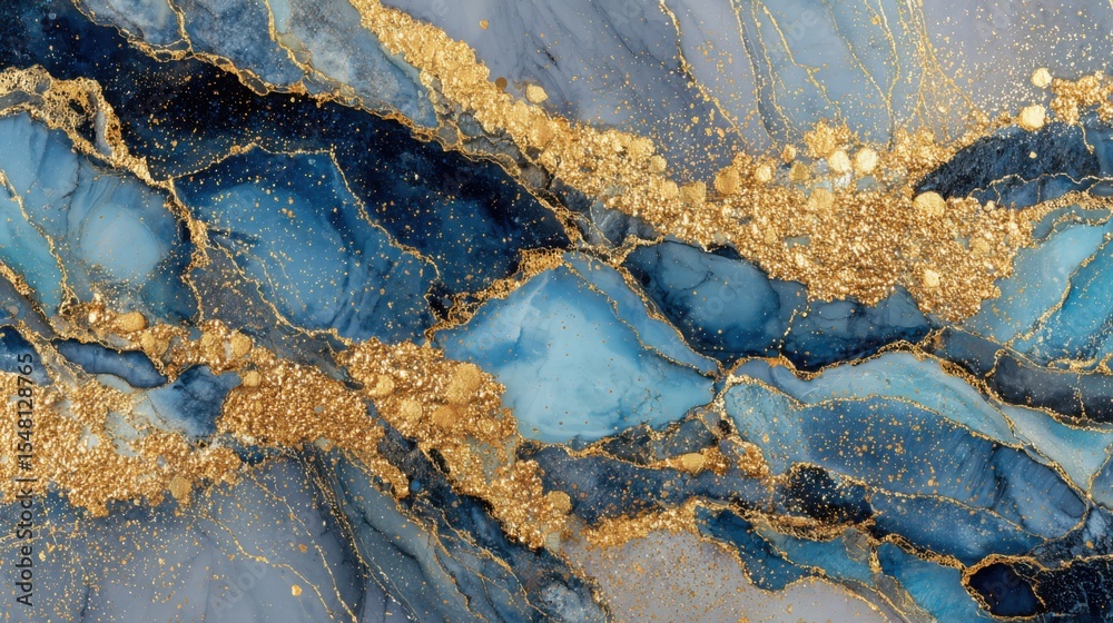 Fototapeta premium Shimmering blue and gold patterns create a captivating abstract design. The intricate details highlight rich textures and fluid shapes, evoking a sense of luxury and elegance.