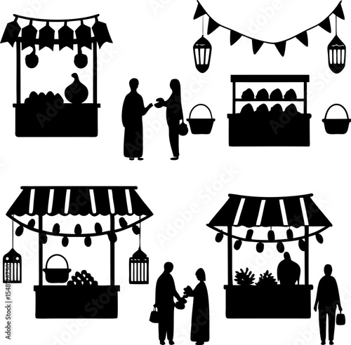 silhouette of a vibrant food market scene with ven.eps