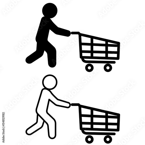 icon of person pushing shopping cart, simple flat style, vector illustration, symbol, design logo template pictogram, for ui or ux isolated on white for mobile app, editable