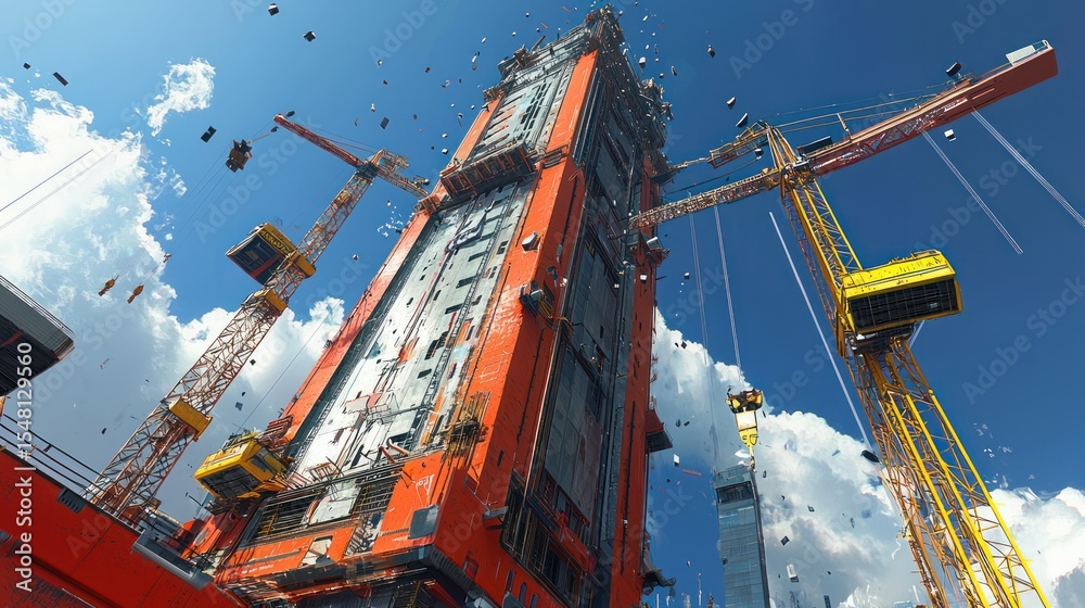 Fototapeta premium Skyscraper Construction Site, Urban, Cranes, Building, City, Sky, Progress, Upward View, Development