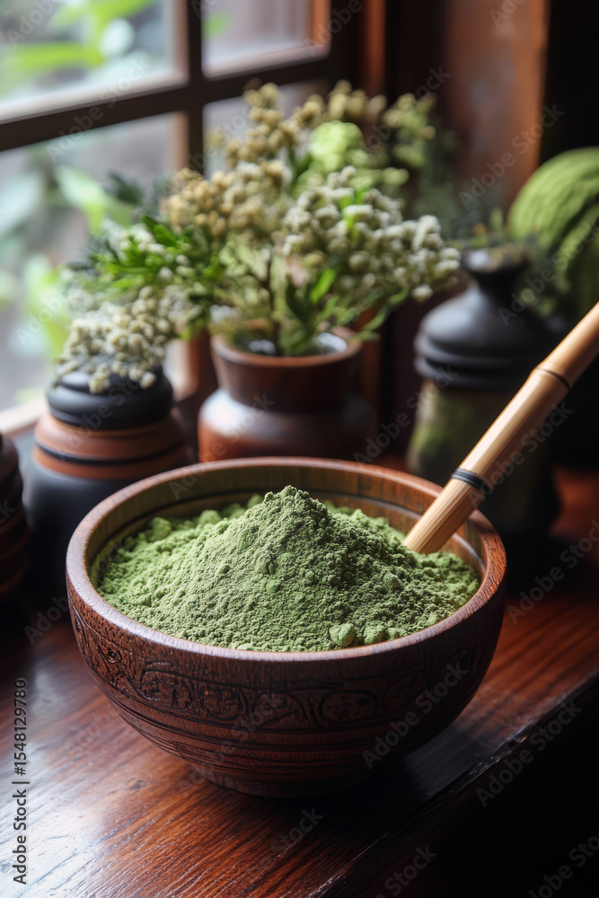 Matcha tea powder is being carefully scooped with a bamboo chashaku into a beautifully crafted wooden bowl, surrounded by a tranquil tea setting and greenery Matcha tea powder is being carefully scooped with a bamboo chashaku into a beautifully crafted wooden bowl, surrounded by a tranquil tea setting and greenery