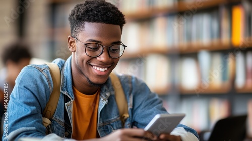 Happy student using phone in library, blurred books