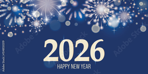 Design for celebrating the Happy New Year 2026. postcard template with realistic fireworks and bokeh on a blue background