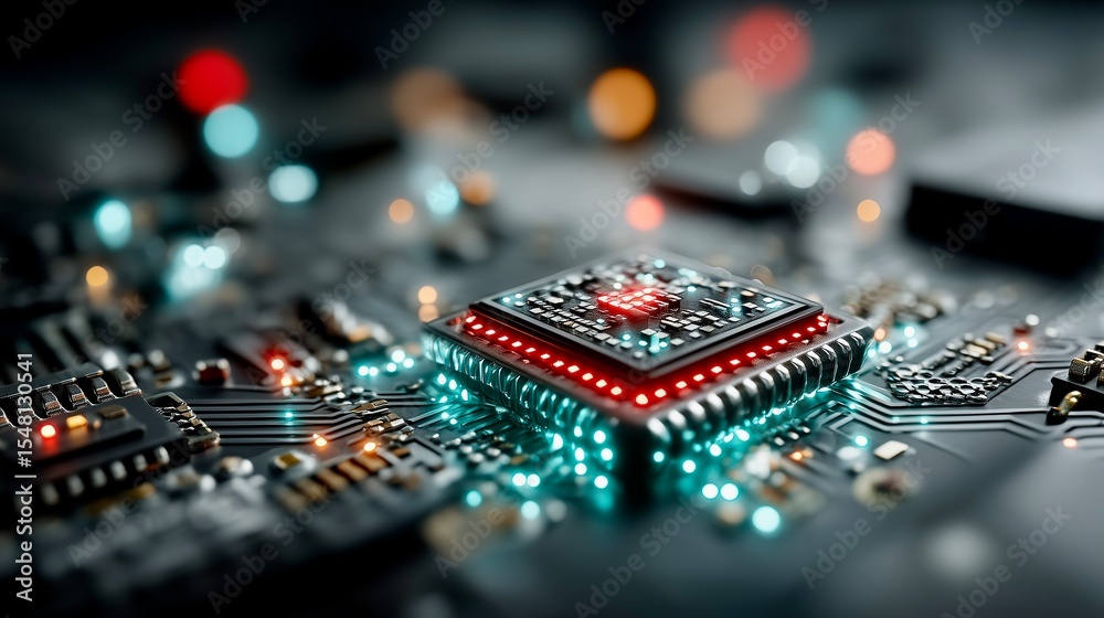 Fototapeta premium futuristic semiconductor chip glowing with neon blue and red lights, 