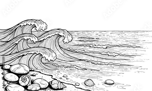 A Series for Alleviating Sadness and Treating Depression
(1) Crashing Ocean Waves on the Beach with Shells and Pebbles (Line Art for Coloring)