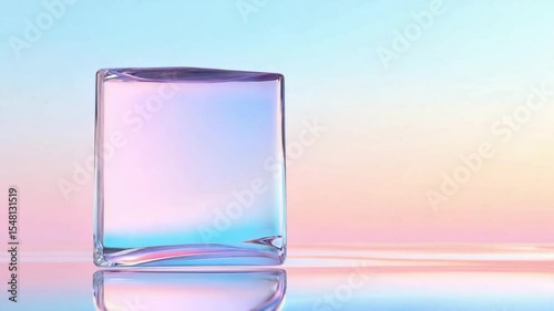 Abstract Glass Cube and Reflection: A pristine glass cube is suspended, its smooth surface mirroring the soft, gradient hues of the backdrop, reflecting a sense of minimalism and elegance.