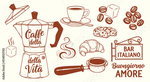 Caffe della Vita espresso bundle. Moka pot quote, steaming cup, coffee beans, biscotti, portafilter, croissant and Bar Italiano sign in warm cocoa outline