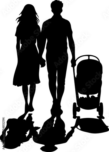 silhouette of a young couple and a child trolly