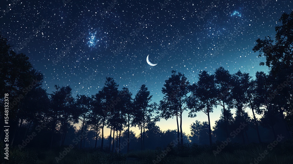 Naklejka premium Starry night forest silhouettes, crescent moon, twilight