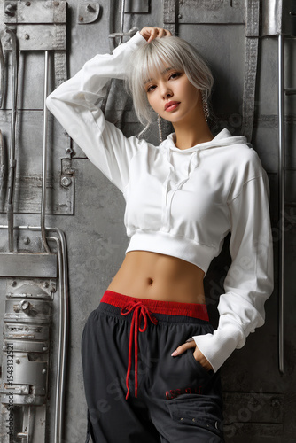 Athletic young woman posing in stylish white hoodie and black pants against industrial metal wall