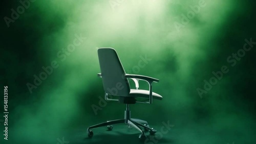 Empty Chair in a Dramatic Setting: A solitary chair illuminated by a spotlight against a backdrop of enigmatic smoke, evoking a sense of anticipation and suspense.