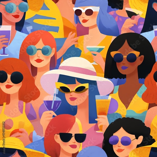 Colorful illustration of women relaxing, enjoying drinks in stylish summer attire.