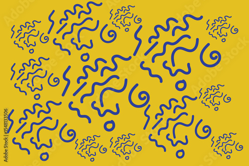 Memphis geometric seamless pattern. Bold yellow background with random navy hand-drawn doodles, curly shapes, and abstract brush forms in retro style.