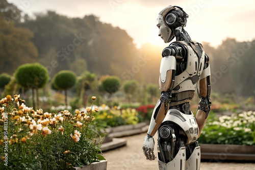 Complex AI robot in garden at sunset, futuristic smart android looks at flowers, concept of future, nature and technology.