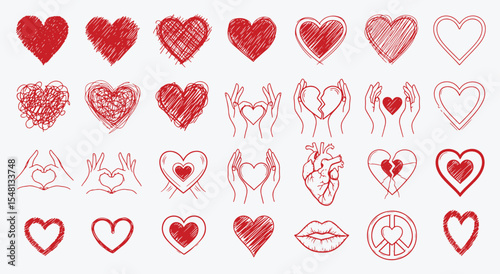 Hand-drawn red heart icon pack. Scribble hearts, broken heart, anatomical heart, peace sign, kiss lips and love-hand gestures in mixed sketch styles
