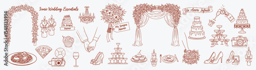 Rose-tint wedding essentials set. Floral arches, bouquet, rings, tiered cakes, champagne tower, heels and bridal table decor in delicate dusty-rose sketch