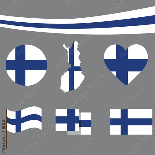 Print Finland map with ribbon and 5 styles of Finnish flags – heart, circle, waving, flat, and badge design – vector illustration for patriotic and creative use