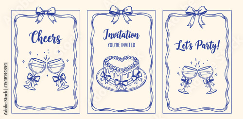 Cheers invitation card trio. Hand tied bow frames with clinking champagne glasses and heart cake illustrations for party, bridal shower or wedding stationery