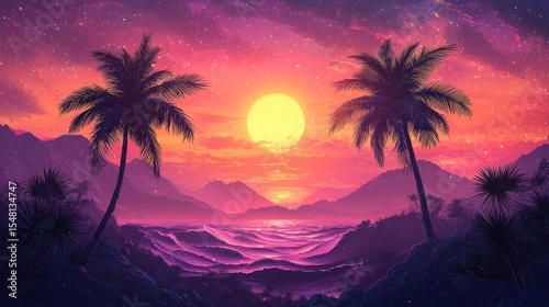 Sunset tropical beach landscape digital art.  Possible use Background, wallpaper