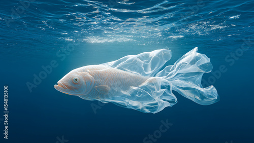 A fish stuck in a plastic bag. Plastic waste pollution. Concept of environmental pollution