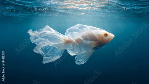 A fish stuck in a plastic bag. Plastic waste pollution. Concept of environmental pollution