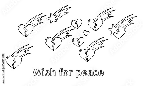 A Series for Alleviating Sadness and Treating Depression :
(16) "Wish for Peace": Line Art of Broken Hearts and Shooting Stars (for Coloring)