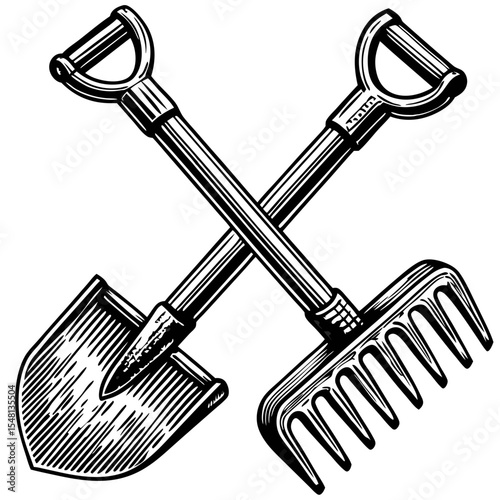 Crossed shovel and rake. Hand-drawn gardening tools illustration.  Engraving style image perfect for landscaping business logo, farm shop advertisement, or vintage garden decor design.