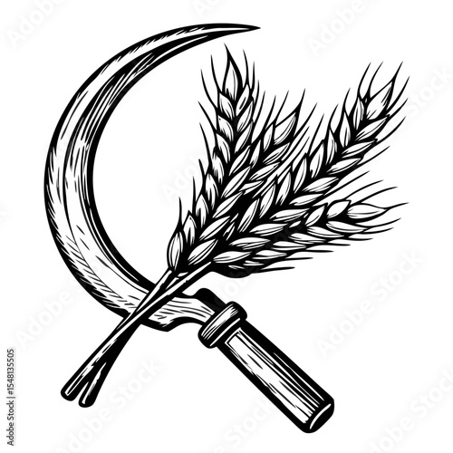 Hand-drawn sickle and wheat illustration.  Detailed engraving of agricultural tools and wheat stalks.  Classic design of a sickle crossed with wheat for vintage posters and prints.