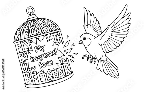 A Series for Alleviating Sadness and Treating Depression :
(13) "Fly Beyond Fear": Bird Breaking Its Cage (Line Art for Coloring)
