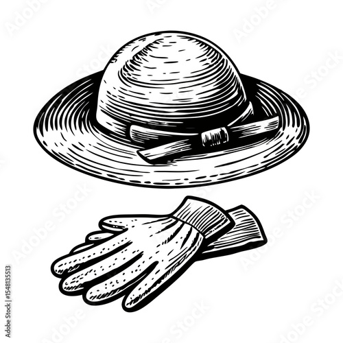 Hand drawn straw hat and gloves. Elegant straw hat with wide brim and satin ribbon. Pair of gloves complements stylish straw hat.