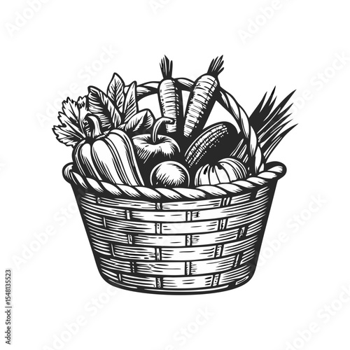 Hand-drawn engraving of vegetable basket with fresh carrots, bell pepper, and zucchini. Detailed vegetable basket illustration includes various garden vegetables, creating rustic charm.