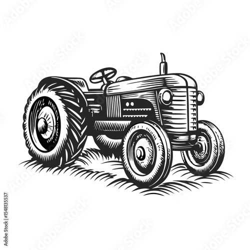 Vintage farm tractor illustration. Hand-drawn engraving of classic agricultural machine. Detailed drawing shows powerful engine and large wheels. Perfect vintage farm tractor image for postcard.