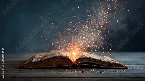Open Book with Glowing Sparks on Wooden Surface. An open vintage-style book rests on a rustic wooden surface, emitting a magical display of golden sparks and light.
