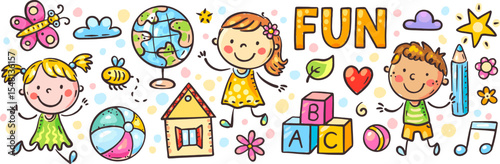 Doodle kids border. Happy children with books, rainbow and ABC. Colorful playtime clipart