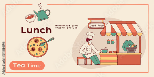 Delightful Lunchtime Food Stand Design Featuring a Chef Preparing Organic Produce and Homemade Jams