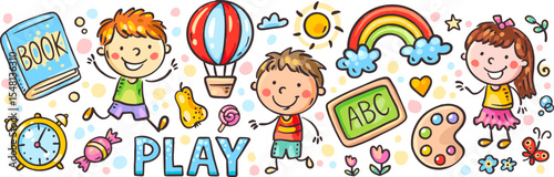 Playful doodle school kids border learning clipart