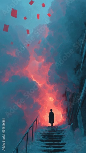 Mysterious Figure Ascending Snowy Steps into Red Sky