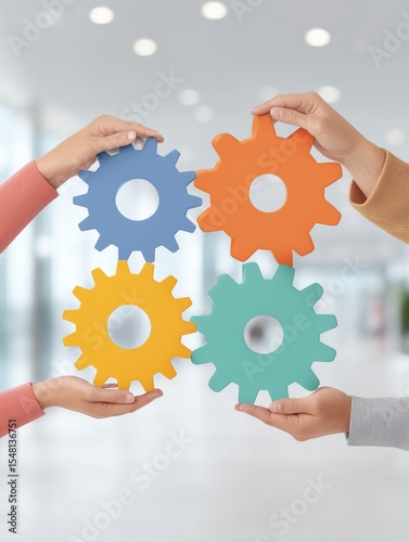 Diverse hands holding colorful gears, symbolizing teamwork and collaboration.